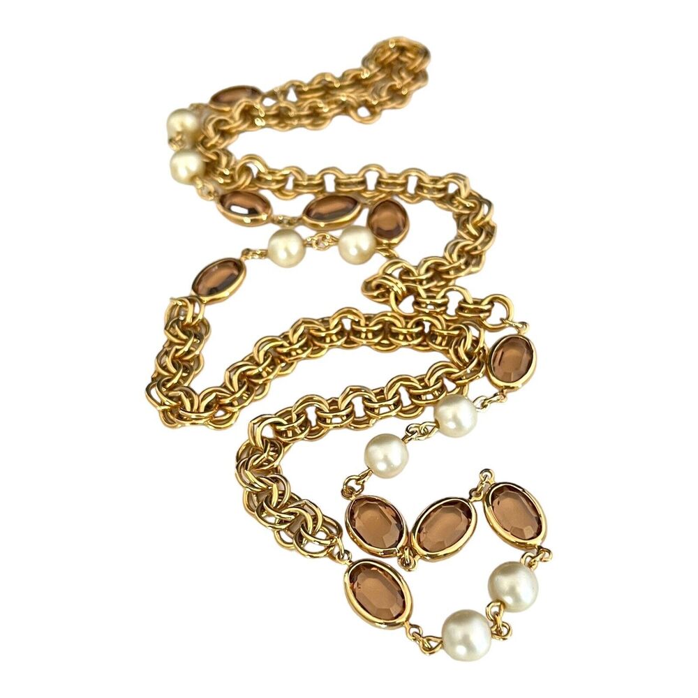 Vintage 1980s Gold Tone Long Necklace Bezel Crystal Faux Pearl Chain - 2A